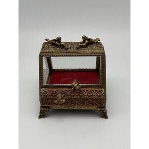 Vintage Brass ORMOLU Jewelry Vanity Box Beveled Glass w/ Angels Cherubs Doves